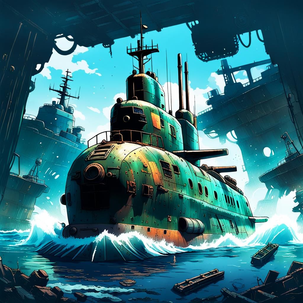 Battered Submarine in Port: Cinematic Anime Art