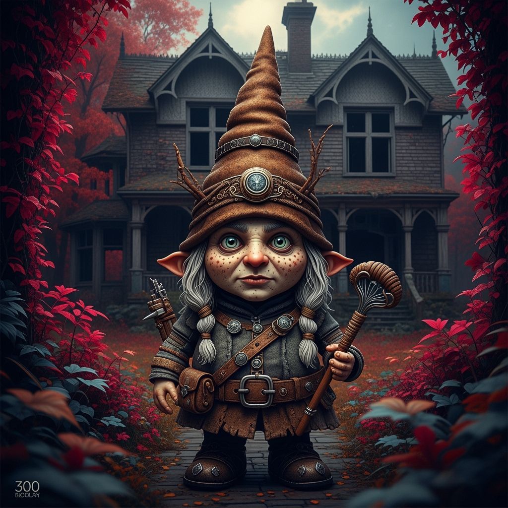 Hyperrealistic Gnome in Front of Decaying Mansion