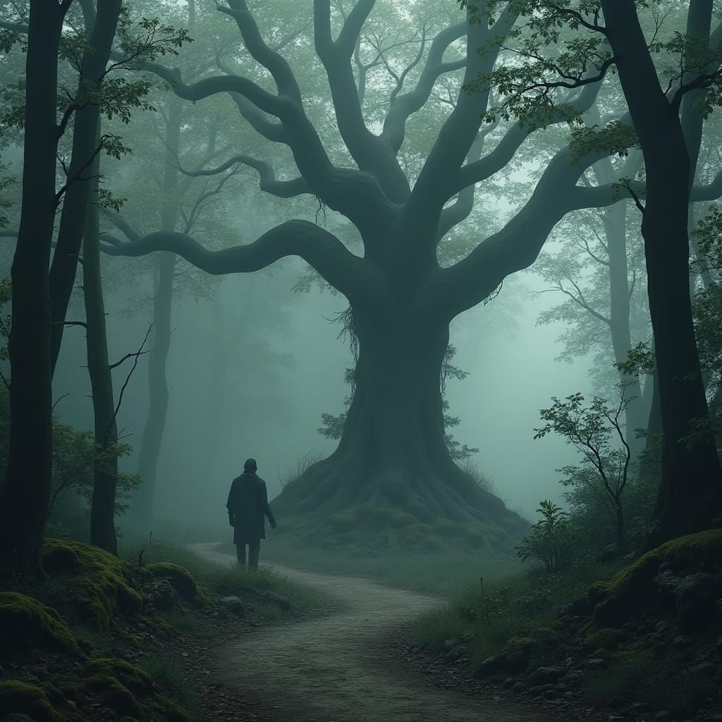 Mysterious Forest Crossroads in Cinematic Style
