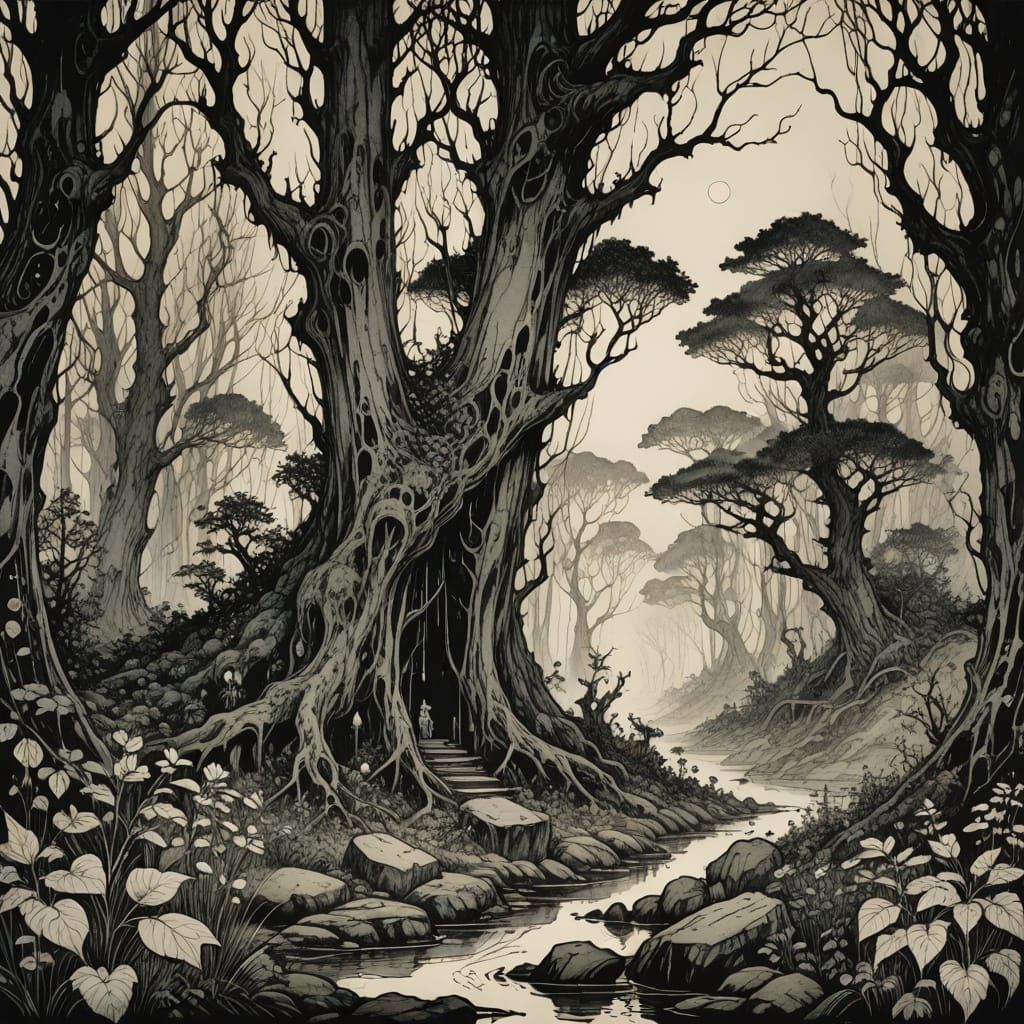 Mystical Forest Pen-and-Ink Drawing in Rackham Style
