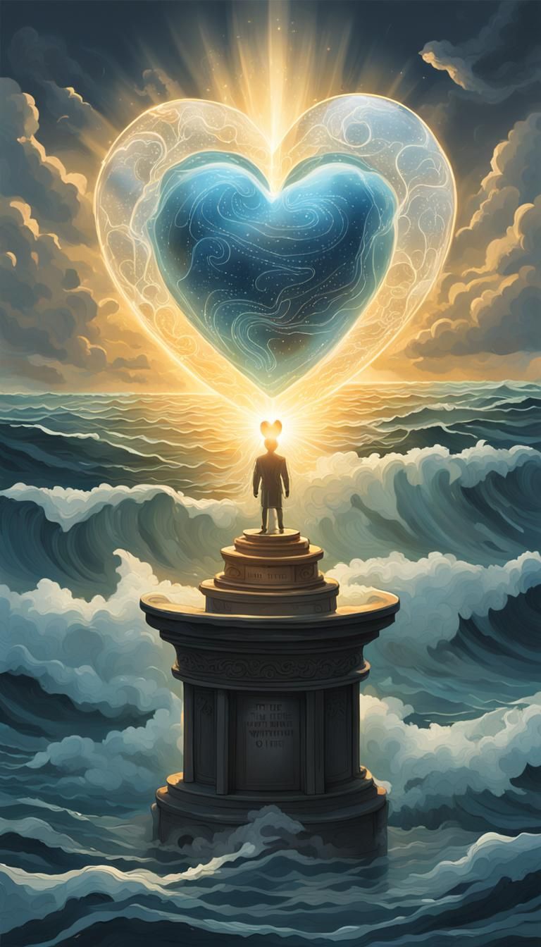 An illustration of a human heart made of translucent glass, ...