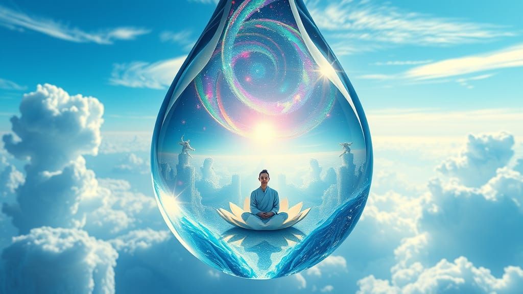 Surrealist Crystal Teardrop in Celestial Landscape