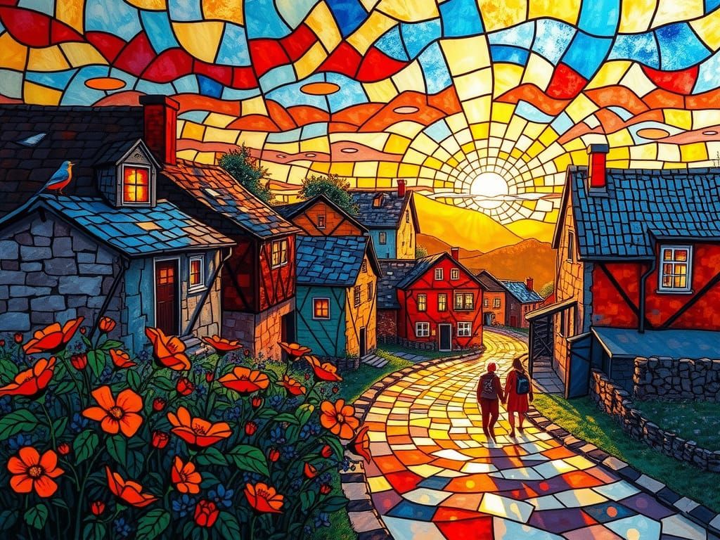 Vibrant Stained Glass Mosaic Village at Sunset