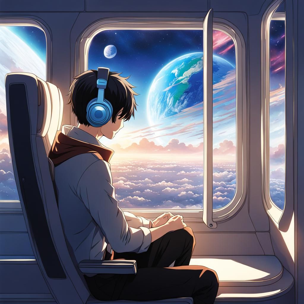Lonely Astronaut Watching Earth in Anime Style