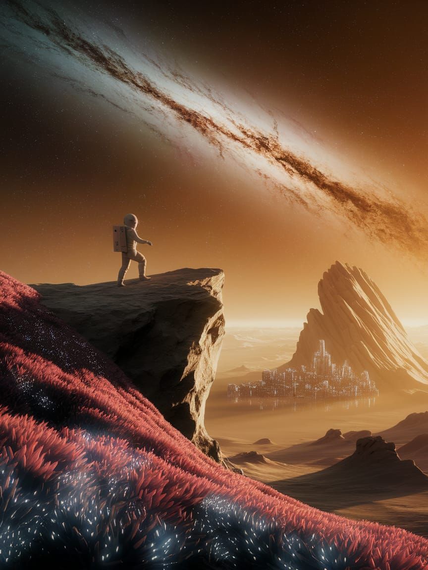 Astronaut Gazes at Nebula from Crystalline Asteroid