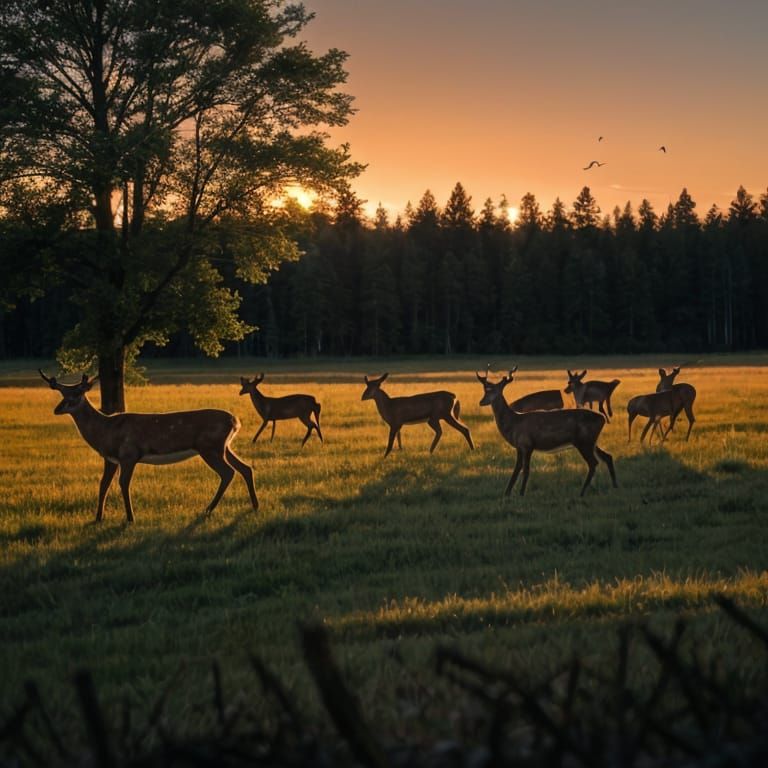 Deer Herd in Wooded Yard at Sunset