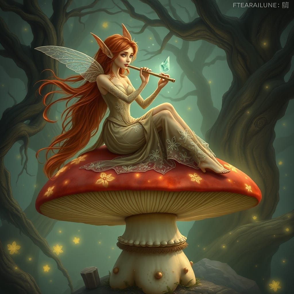 Elf Maiden Plays Flute on Bioluminescent Mushroom