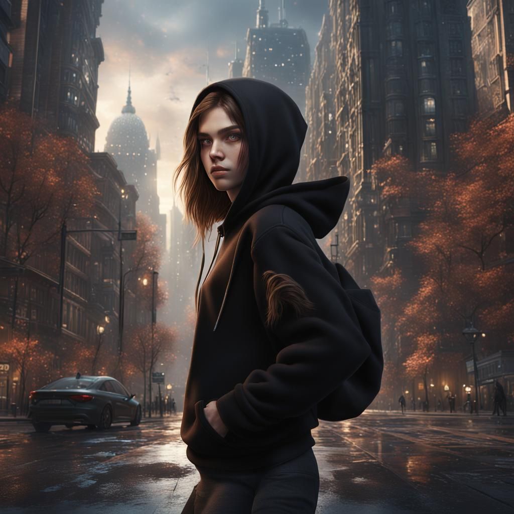 Girl in Black Hoodie: Detailed Matte Painting