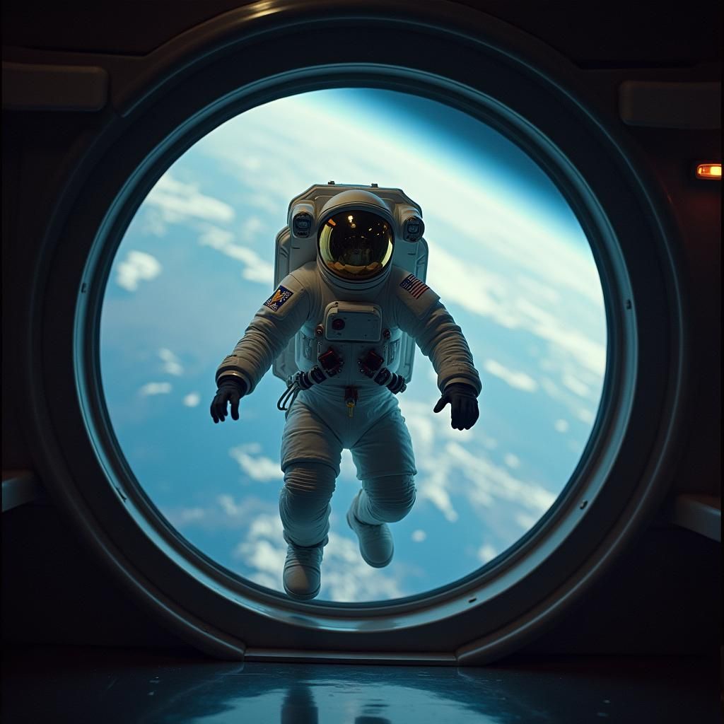 Astronaut Gazing at Earth from Space Station Window