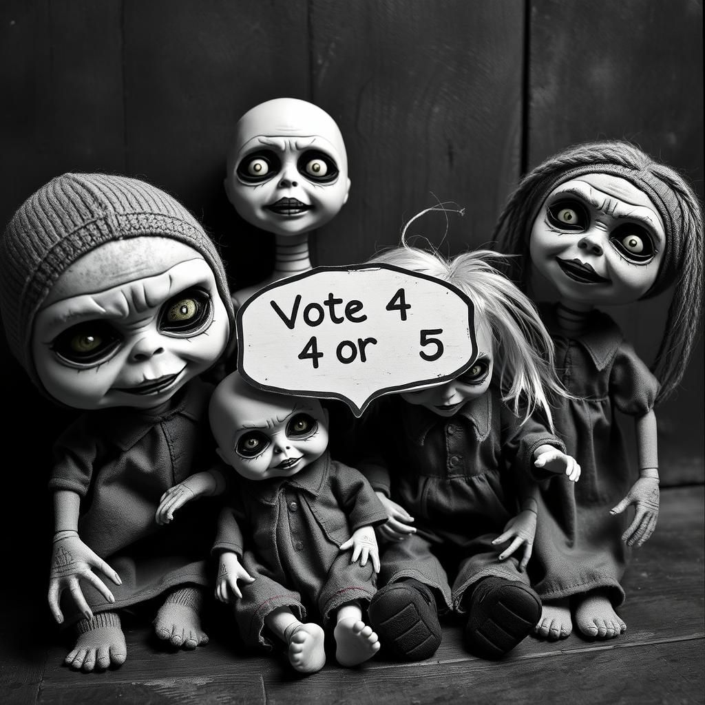 B&W. 4 creepy dolls. One is saying, "Vote 4 or 5."