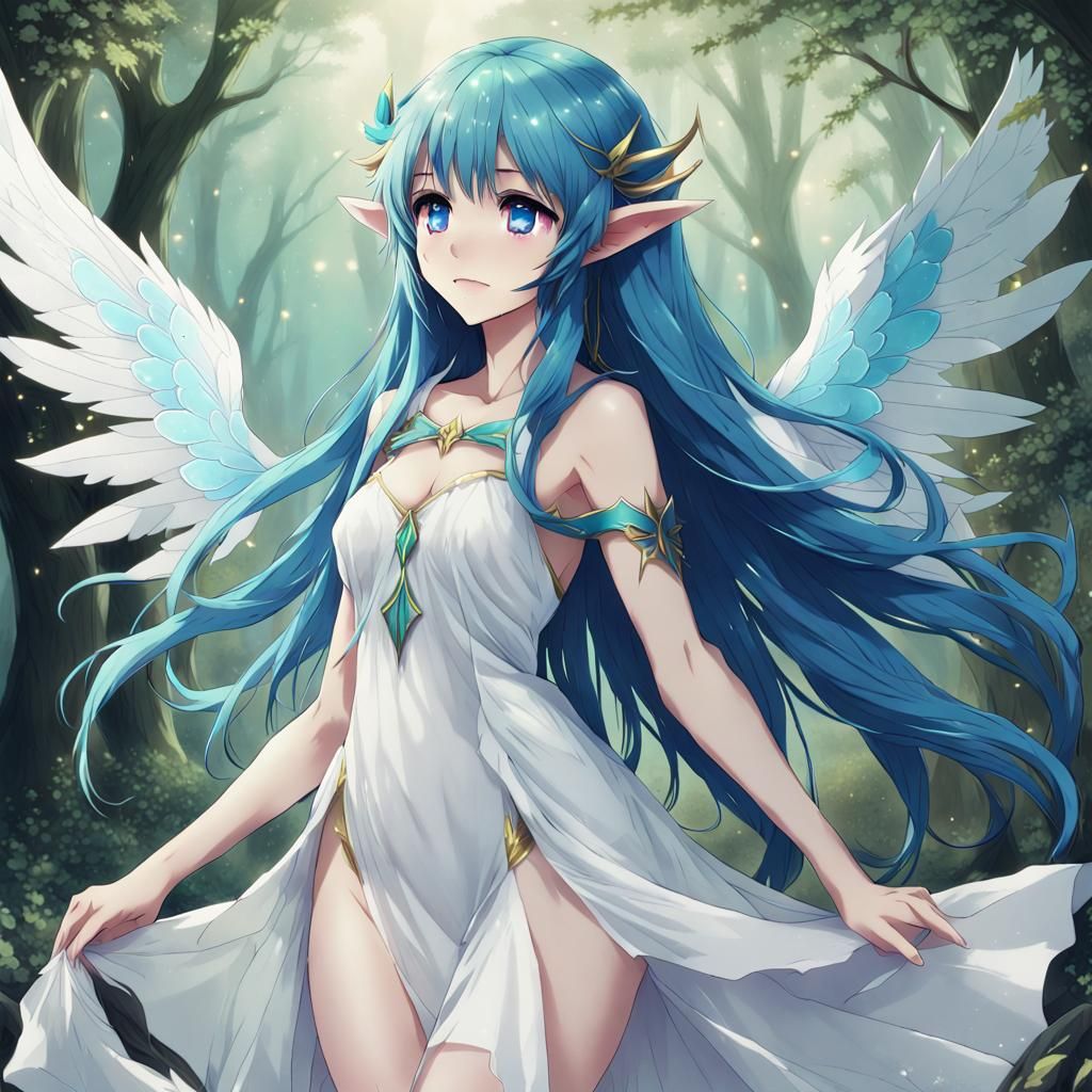 Blue-Haired Elf with Wings in Anime Style