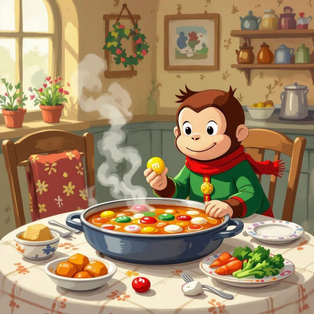 Curious George and M&M Enjoy Hotpot in Whimsical Style
