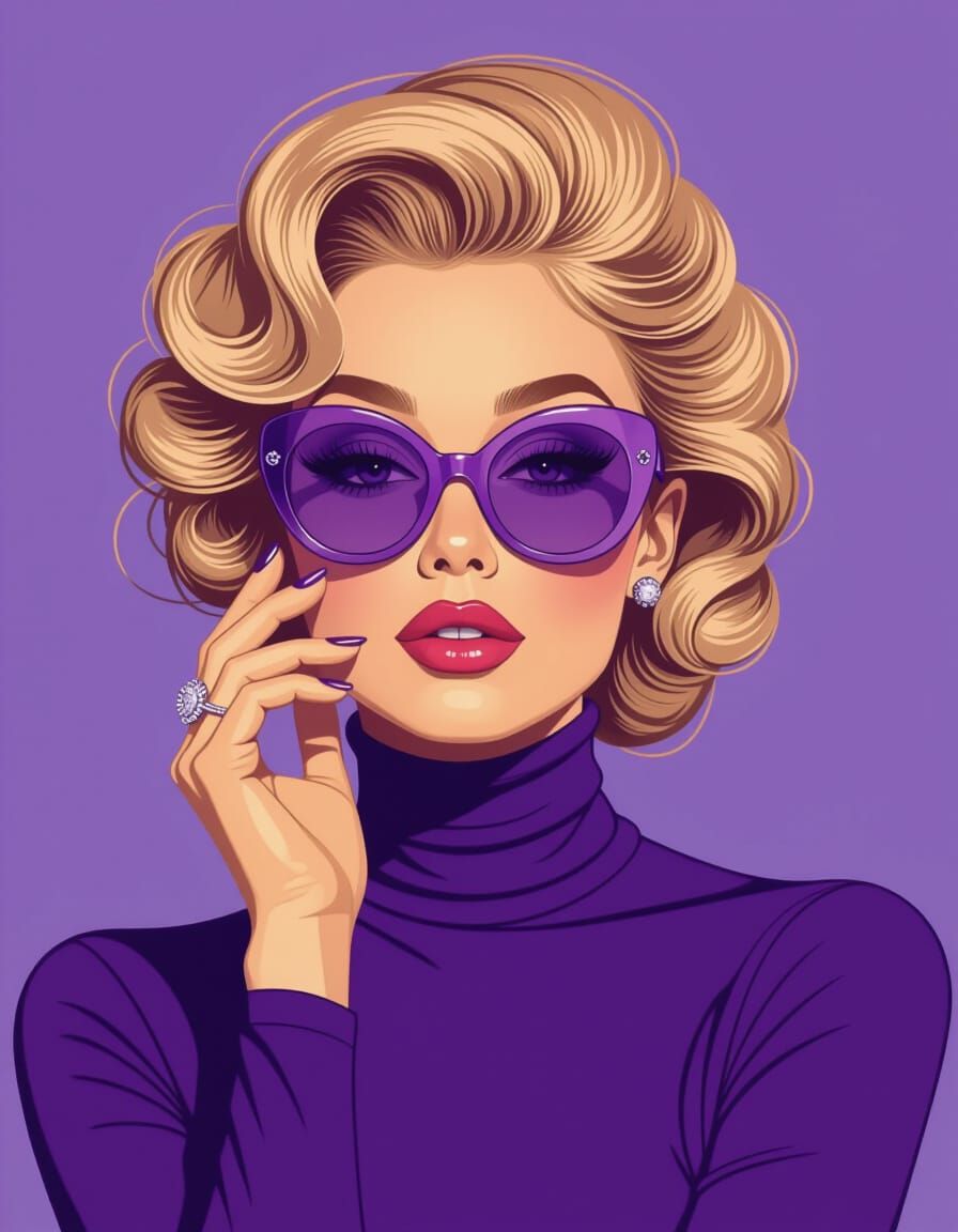 Woman in Purple Turtleneck and Sunglasses, Art Nouveau Style