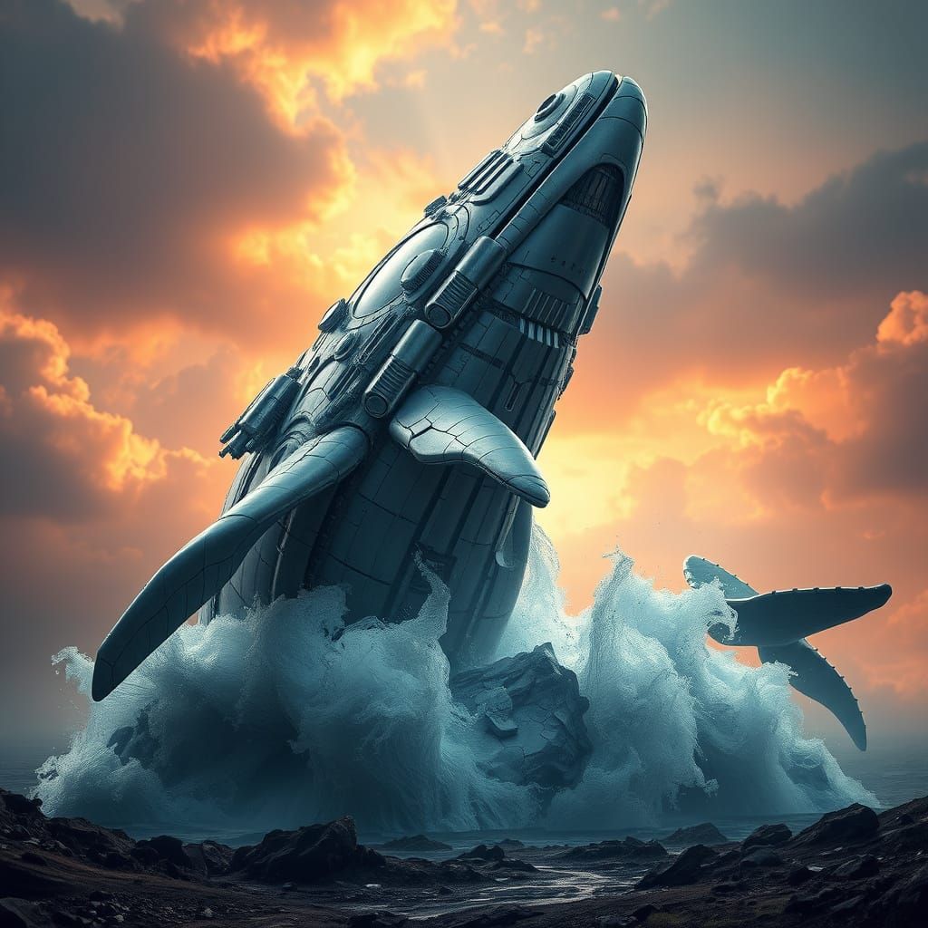 Mech Whale Rises from the Earth in Cyberpunk Style