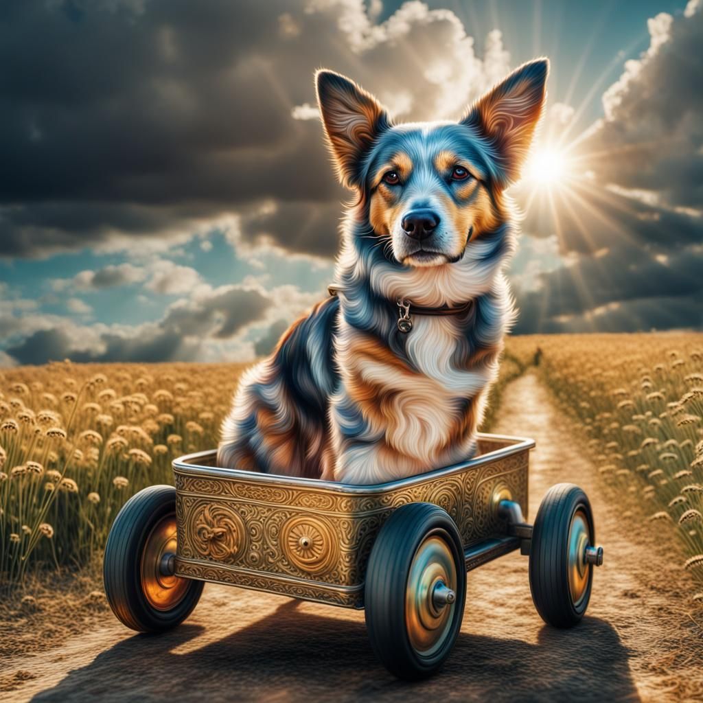 Dog on Wheels in Field: Hyperrealistic Cosmic Illustration