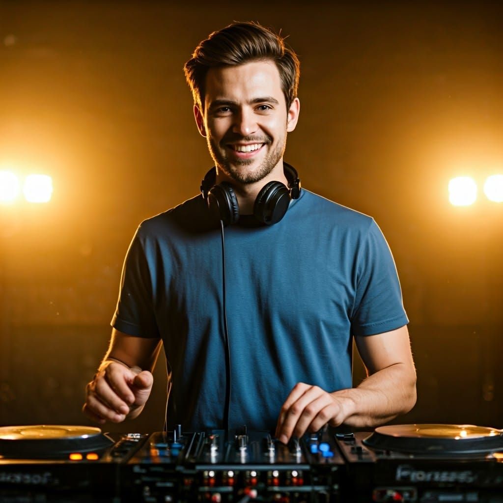 Smiling DJ with Vinyl Record in Studio