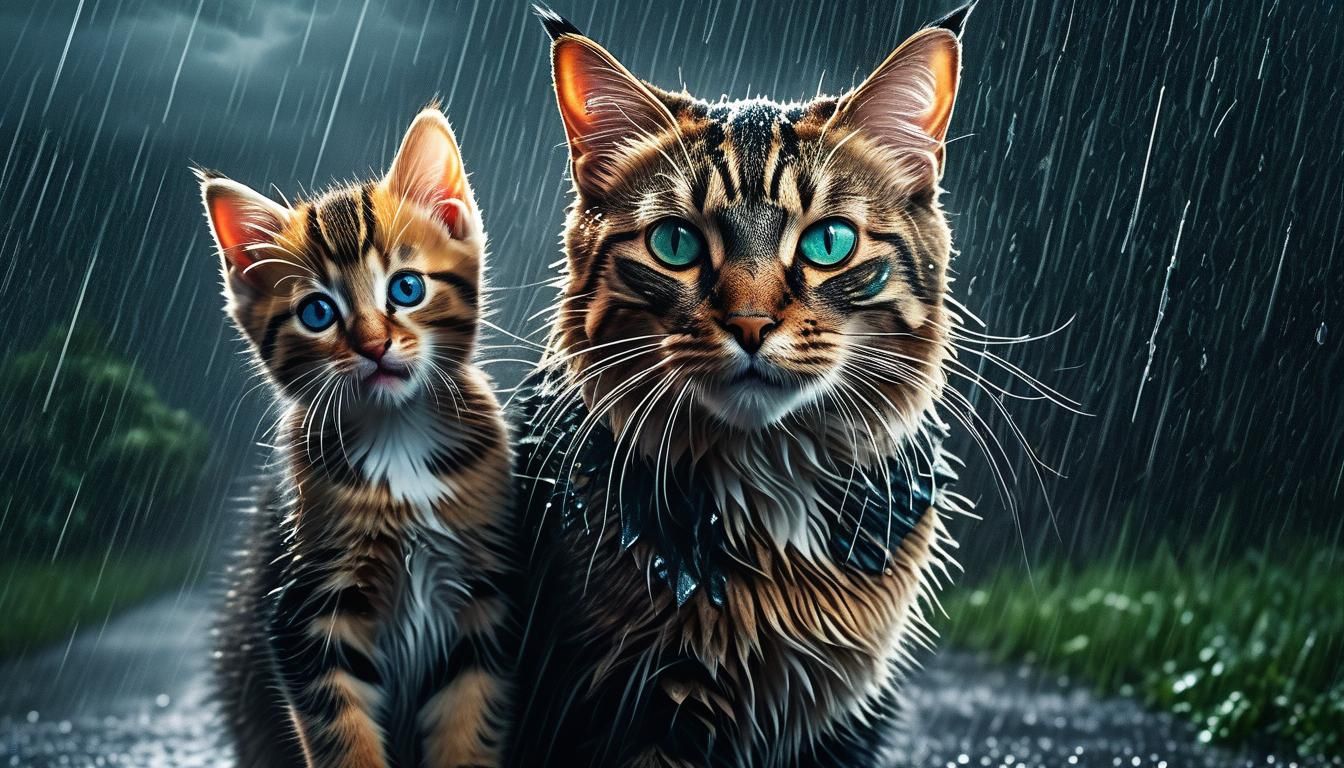 Cat Carries Kitten Through Storm: Detailed Matte Painting