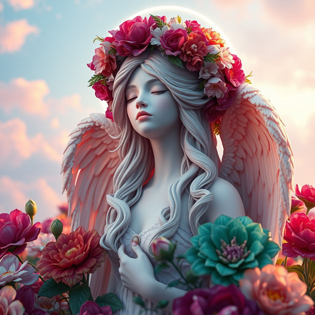 Ethereal Angel in Floral Crown, Fantasy Art