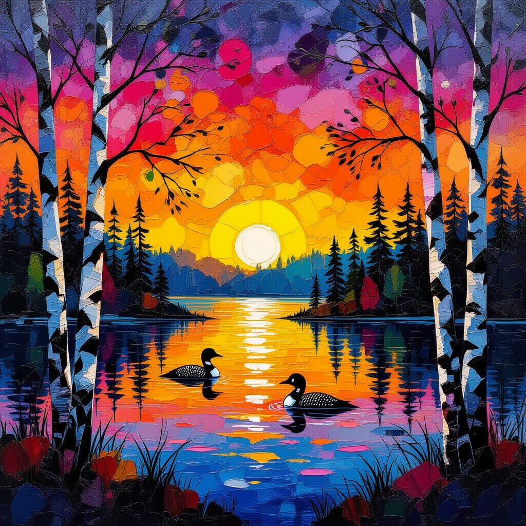 Vibrant Abstract Sunset Over Forest Lake
