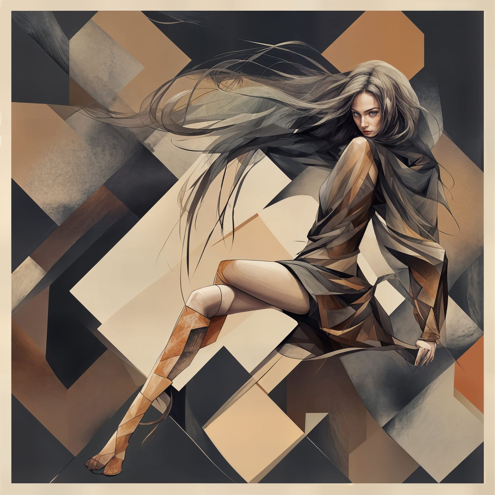 Woman in Boots Amidst Abstract Vortex