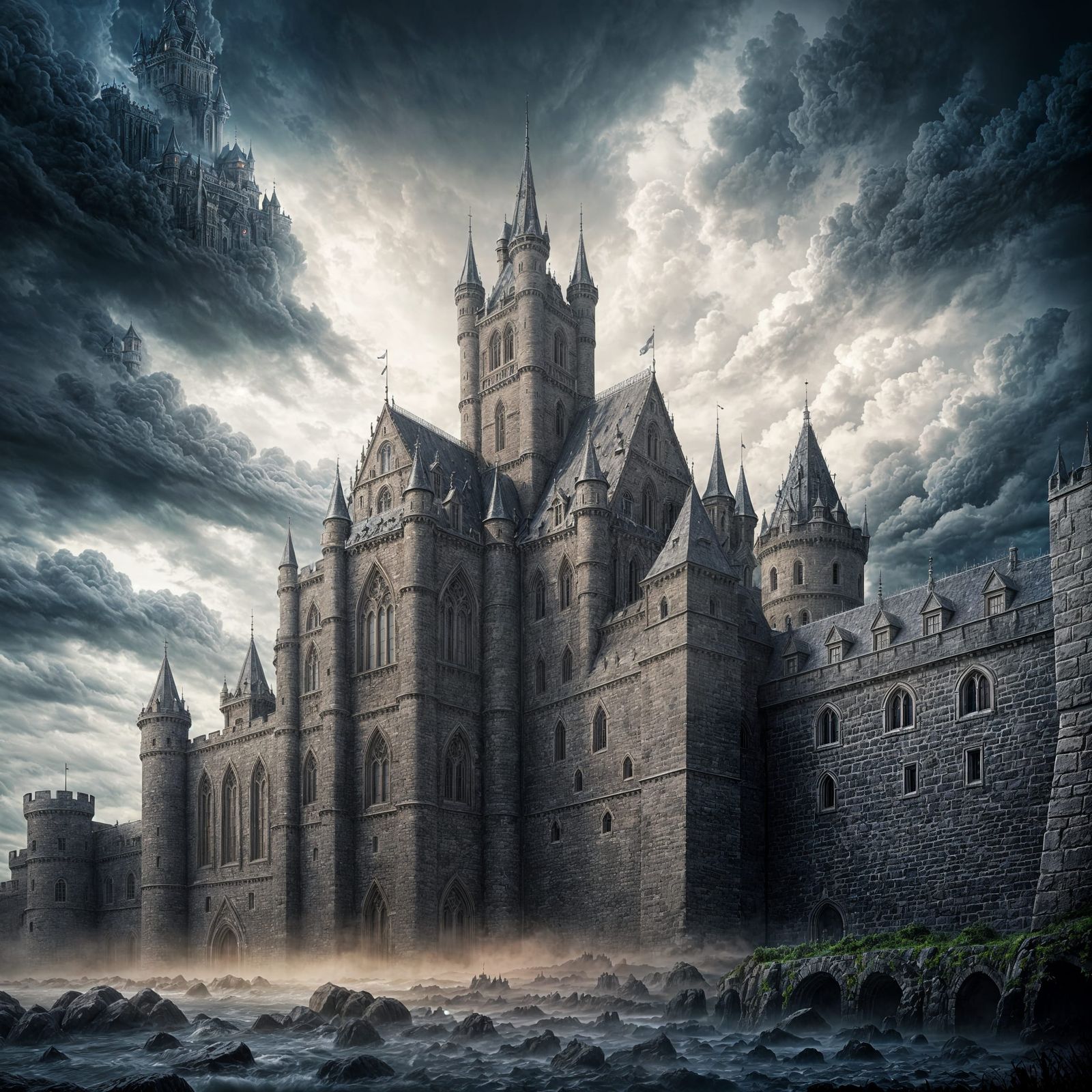 Stormy Sky Over Castle: Gothic Photorealistic Art