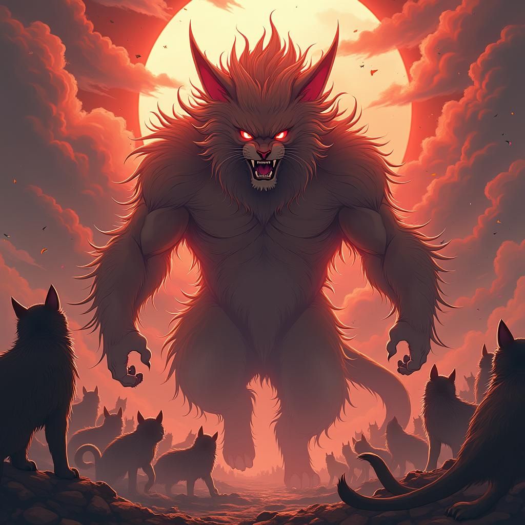 Mystical Anime Cat Demon in Epic Battle Scene