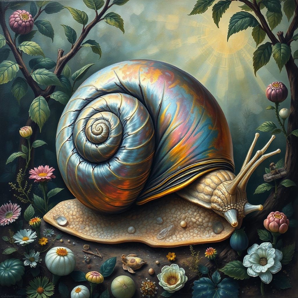 Surreal Snail Emerges from Dreamlike Undergrowth in Iridesce...
