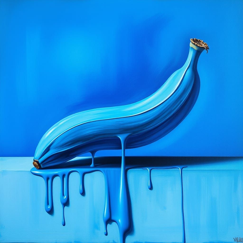 Surreal Blue Banana Melting in Blue Landscape