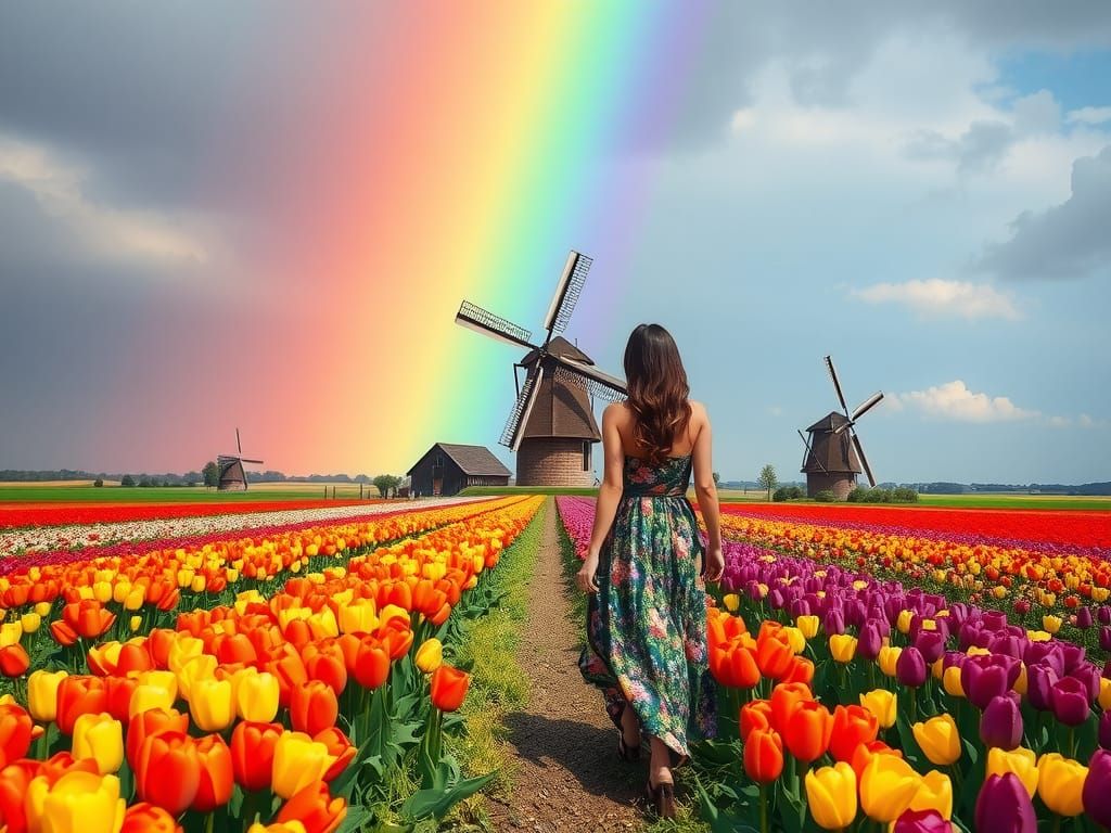 Rainbow over Tulip Field in Dutch Masters Style