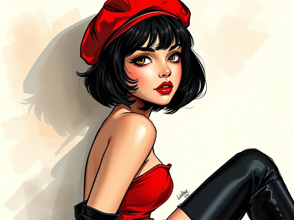 French Showgirl in 1970s Chic, Watercolor Style