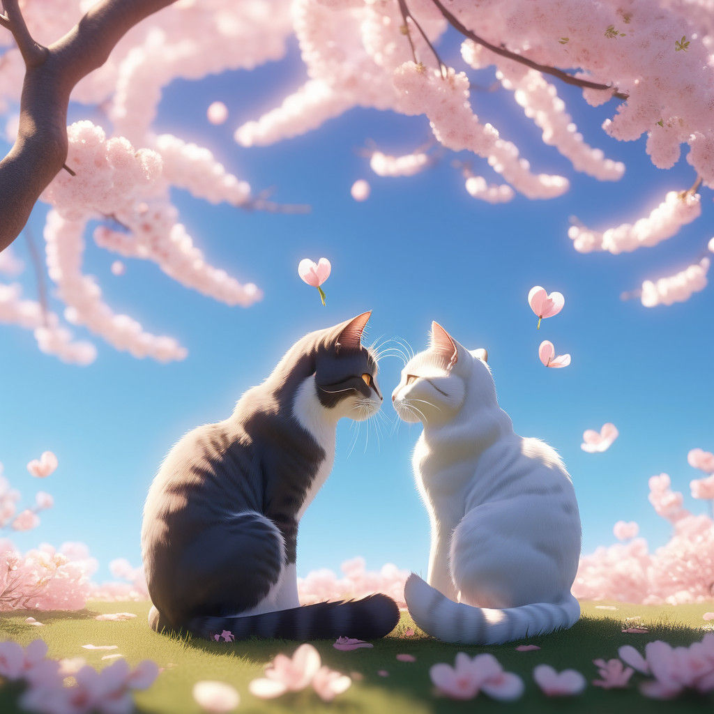 Whimsical Anime Cats Kiss Under Cherry Blossoms at Sunset