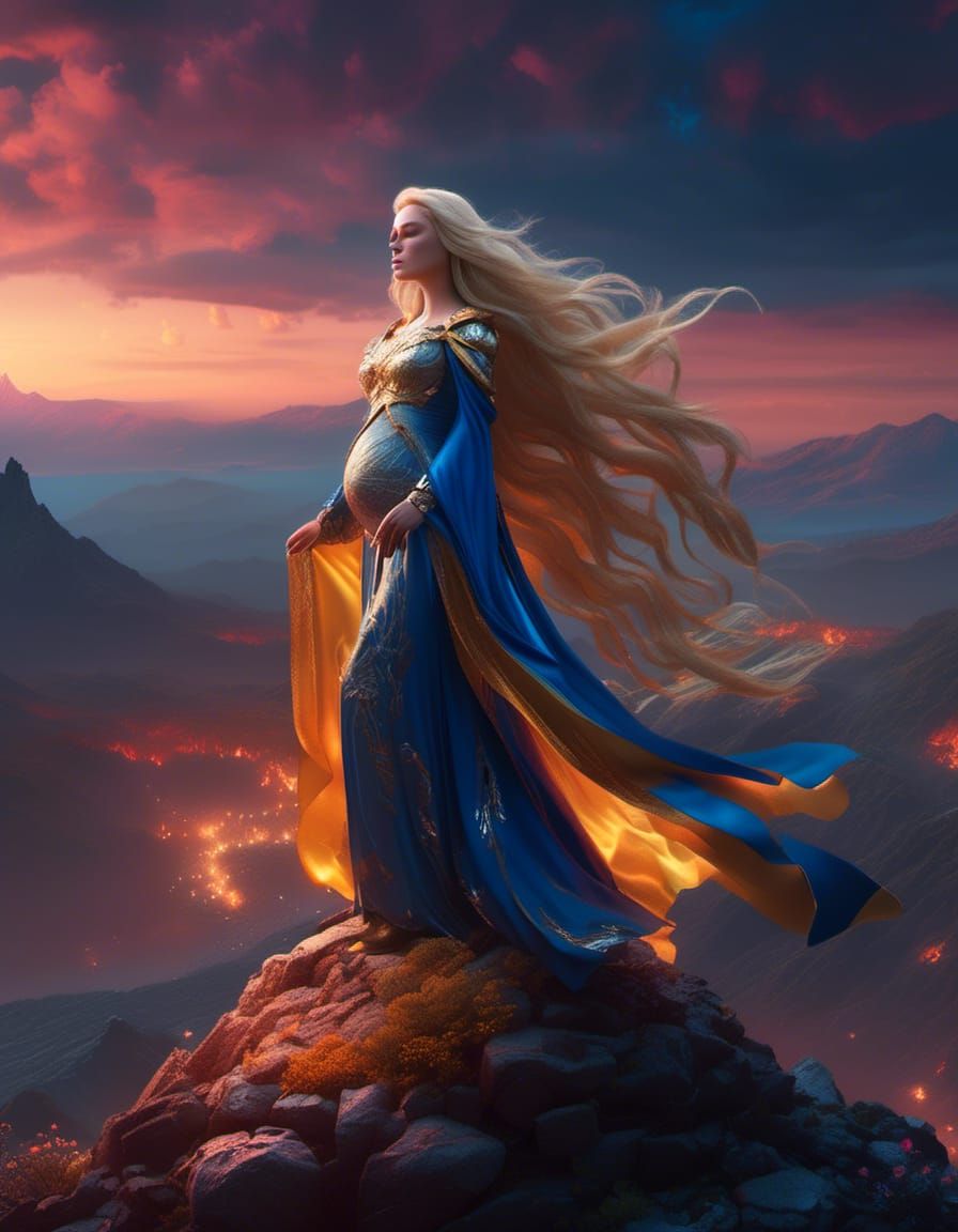 Pregnant Paladin on Volcanic Mountainside: Dark Fantasy Art