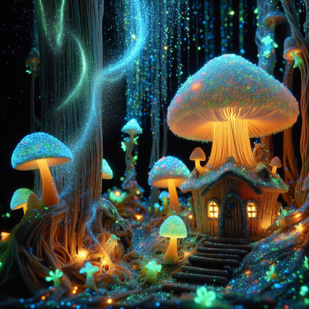 Mystical Fairy Mushroom House in Bioluminescent Forest