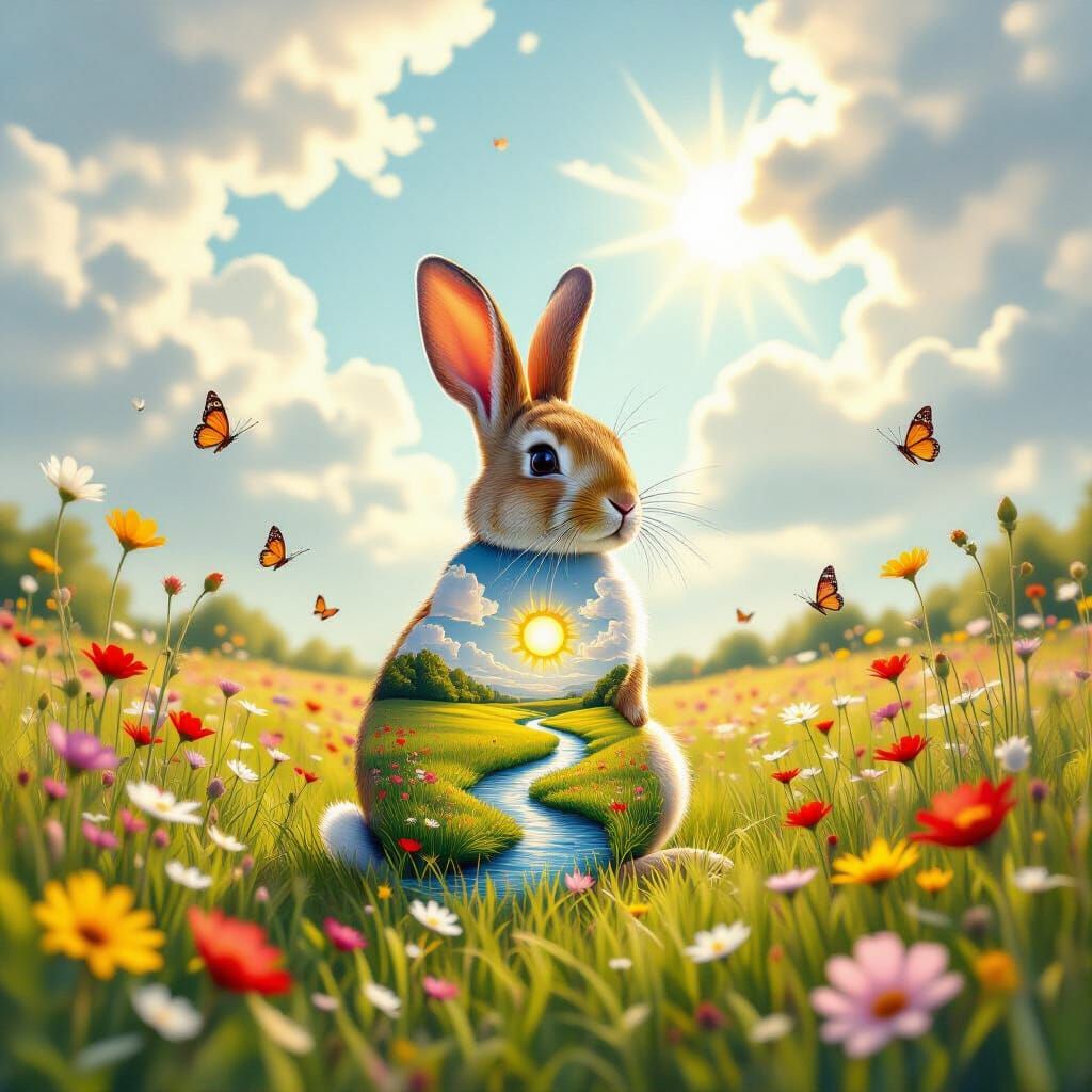 Surreal Rabbit Landscape in Dreamlike Watercolor Style