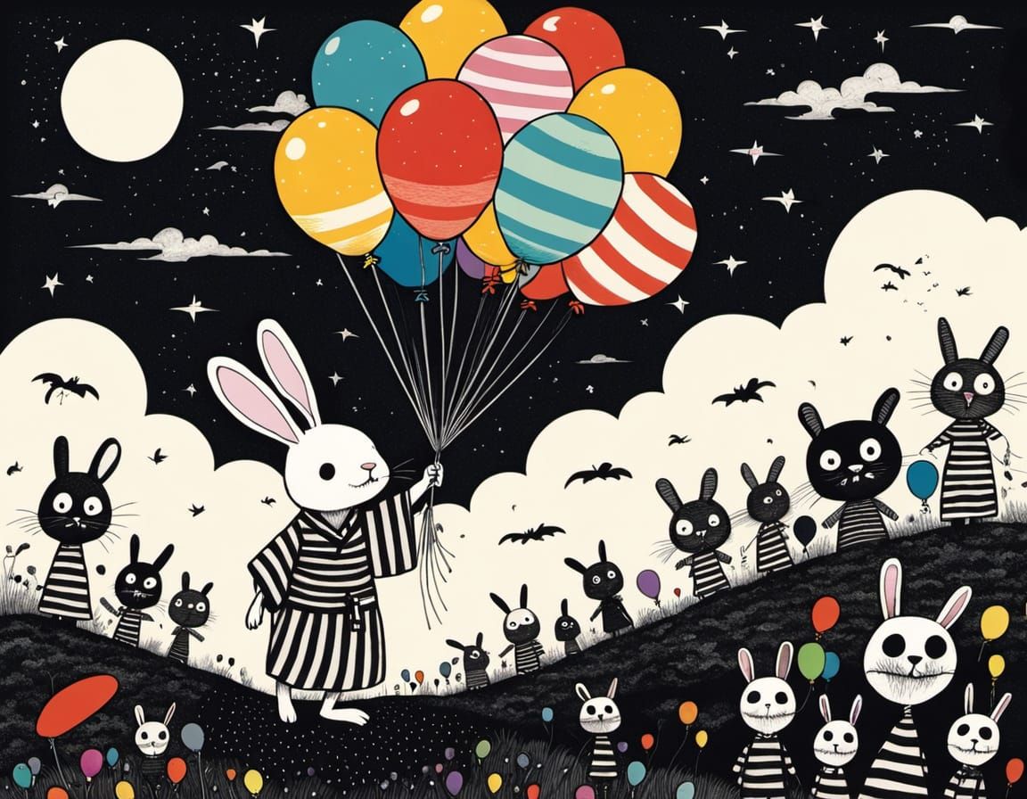 Bunny Rides Balloons Over Nightmare Landscape, Manga Style