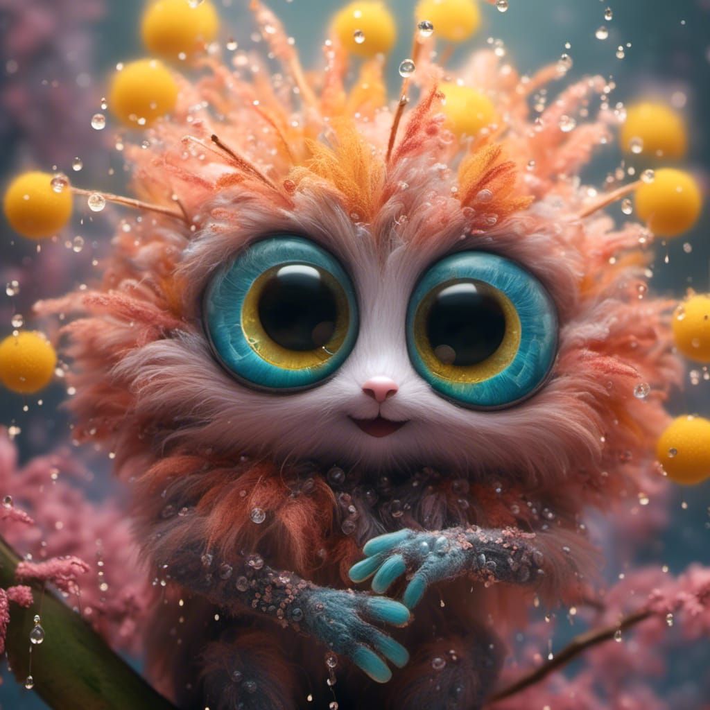 Fuzzy Mimosa Flower Creature with Big Shiny Eyes