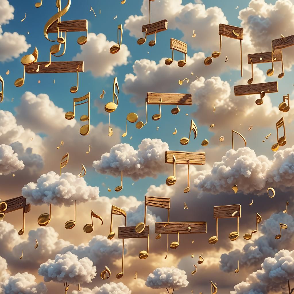 Ethereal Wooden Music Notes in Dreamy Clouds