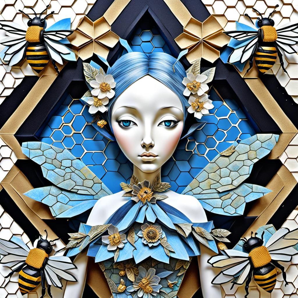 Bee Fairy Portrait in Mixed Media Collage