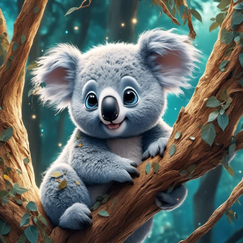 Koala with Big Eyes Hugging Tree in Pixar Style