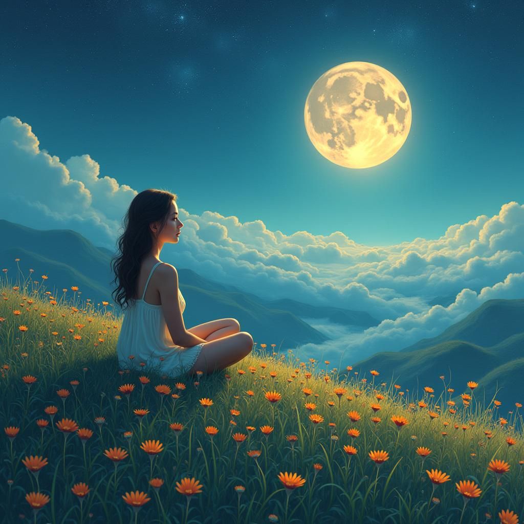 Celestial Meditation: Woman Under Moonlit Stars