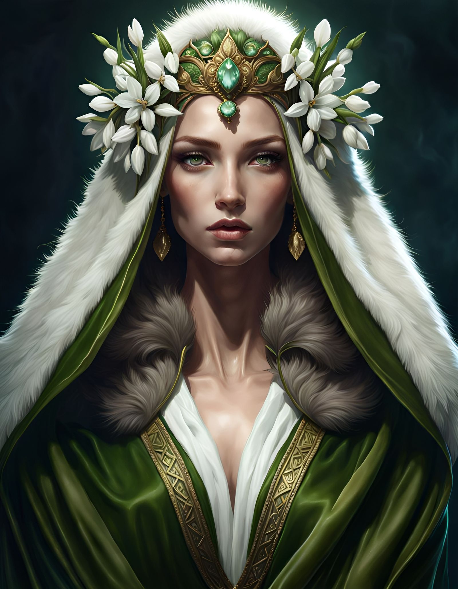 Greek Queen with Snowdrops: Hyperdetailed Art Nouveau Portra...