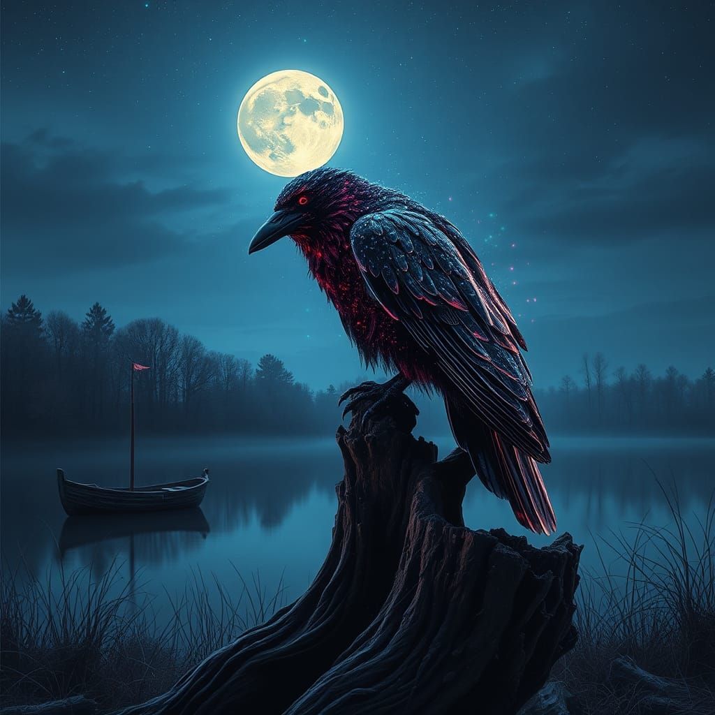 Bioluminescent Raven on Lake in Screen Print Style