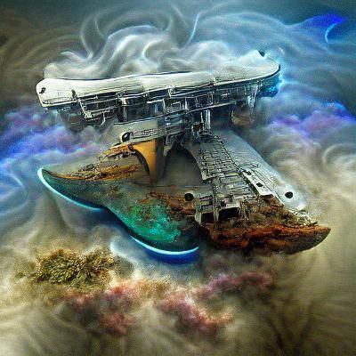Futuristic Sci-Fi Spaceship Wreck in Vaporous Space