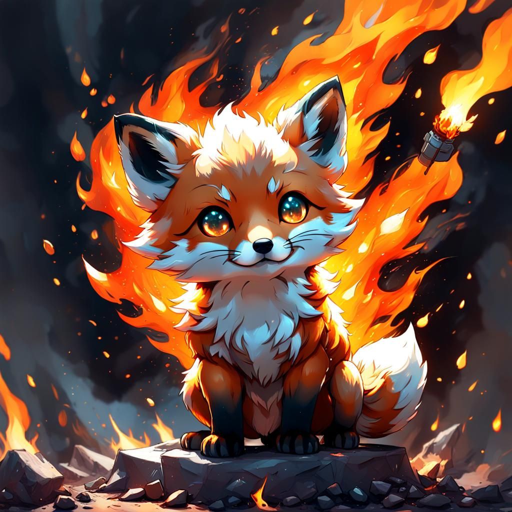 Fiery Chibi Fox Cub Digital Art