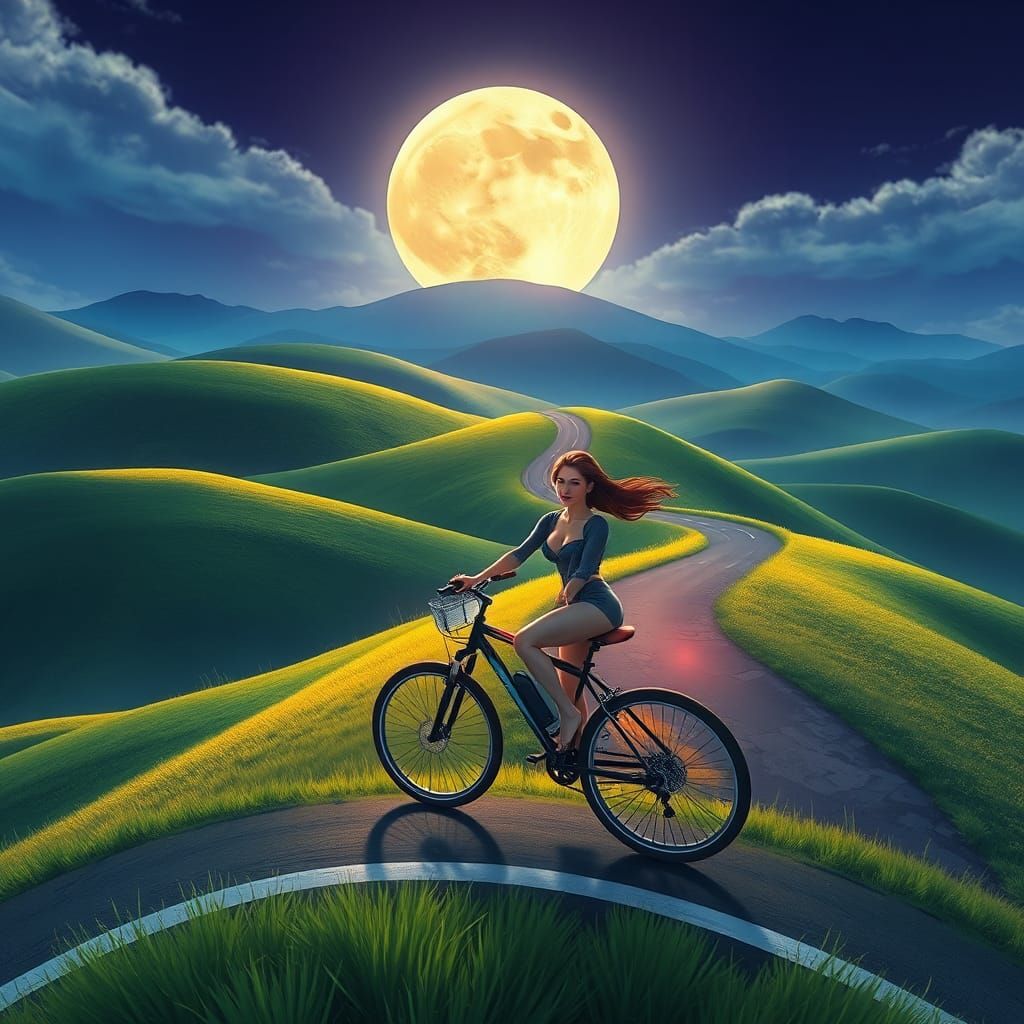 Futuristic Cyclist on Winding Road Under Moonlight