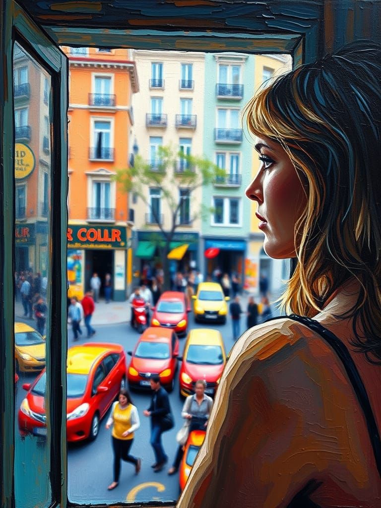 Woman Contemplating a Busy City Scene Through a Window