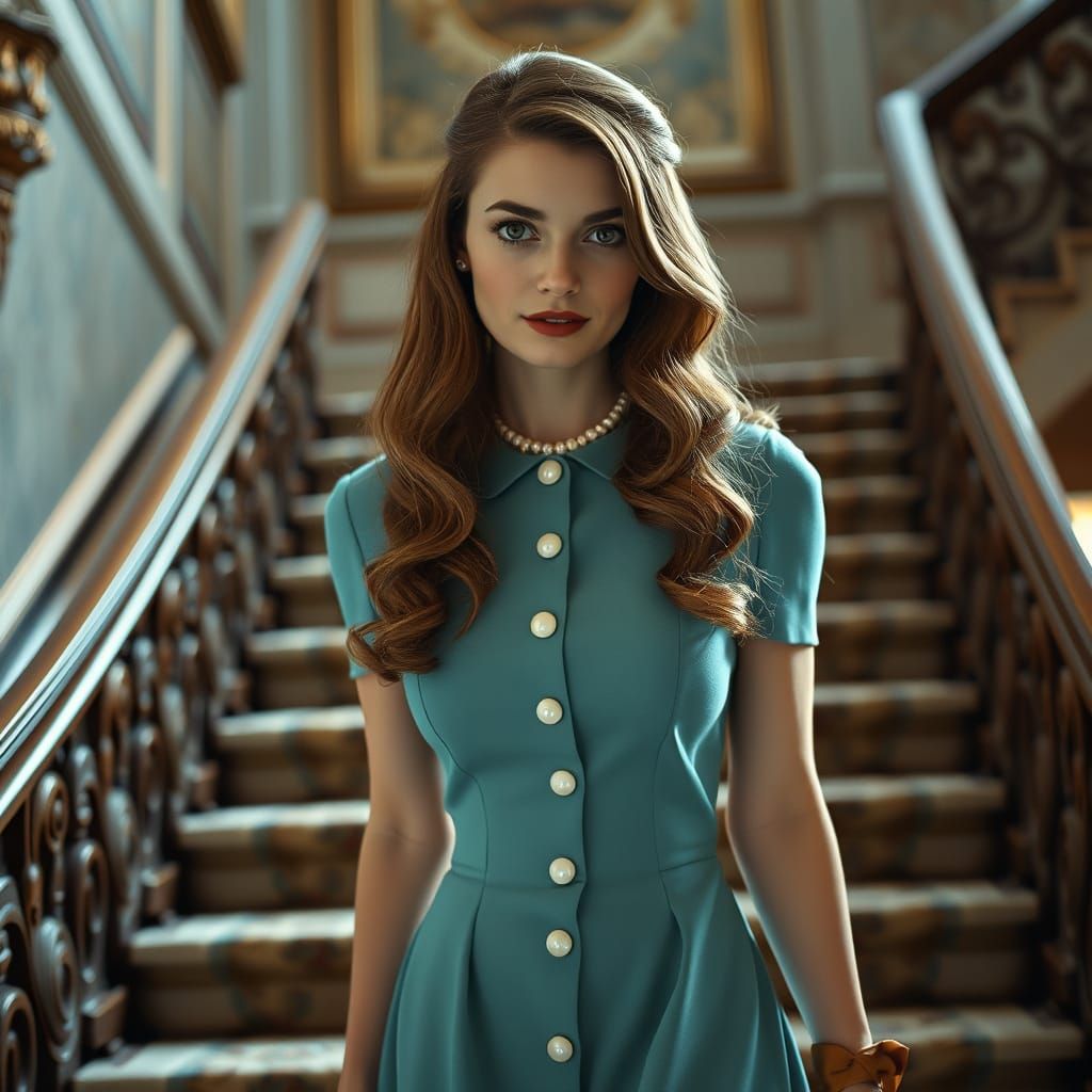 Elegant 1950s Woman on Ornate Staircase