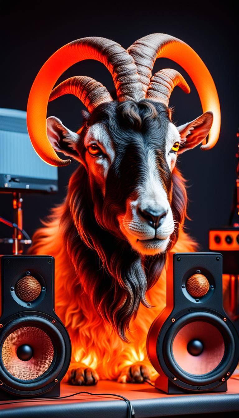 Ferocious Glass Lion-Goat in Glowing Music Studio