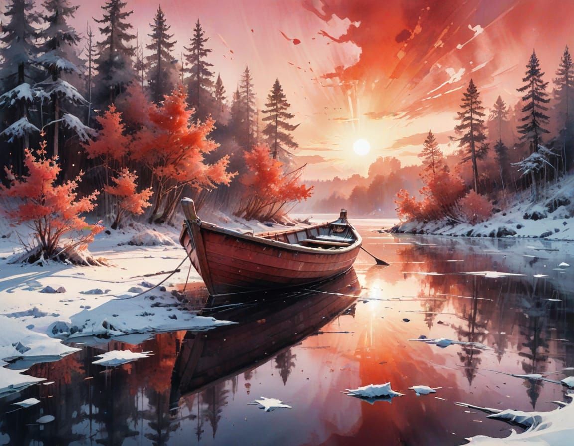 Frozen Dawn: Old Boat on Icy Lake in Digital Matte Painting ...