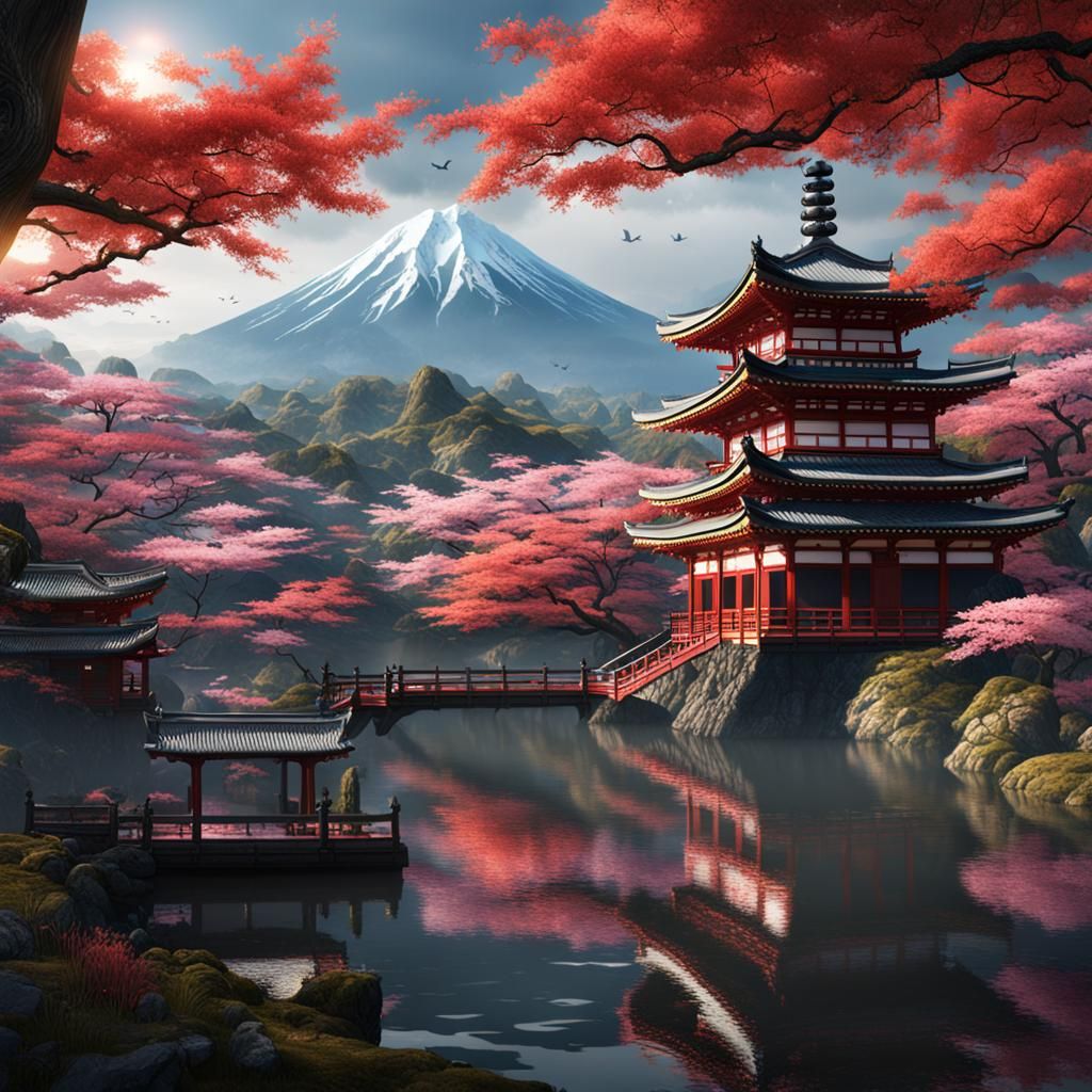 Detailed Matte Painting of Japan in Deep Color